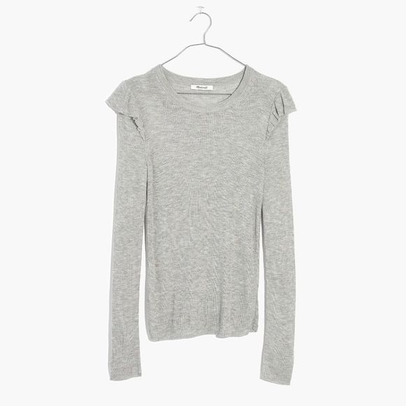 Madewell XL Gray Ruffle Sleeve Pullover Sweater Ribbed Knit Lightweight Top NEW - Picture 1 of 8